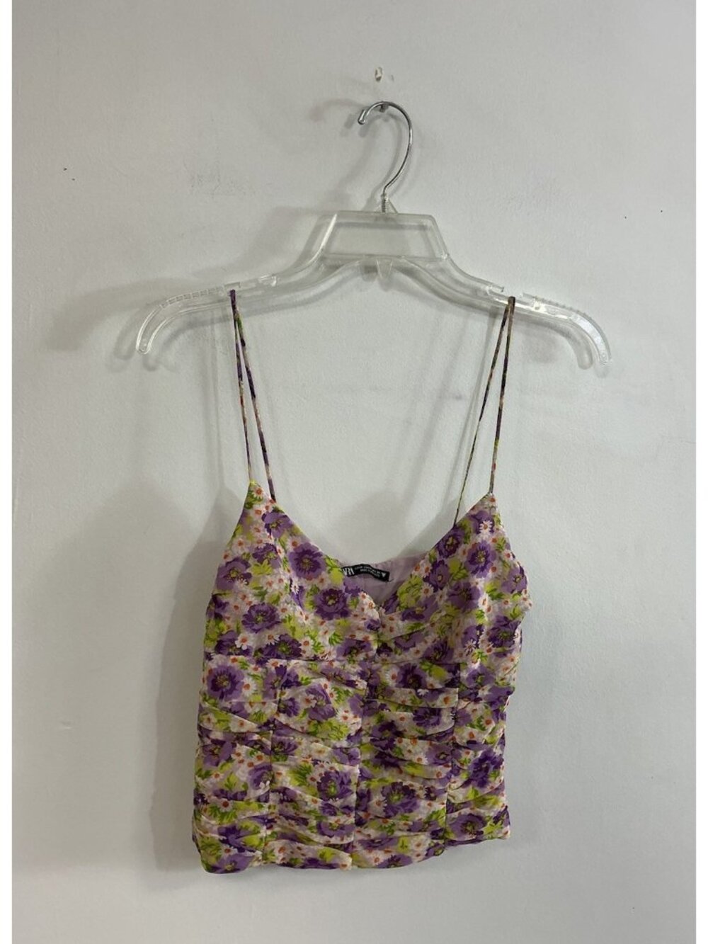 Zara Floral Ruched Crop Camisole Tank Top Womens XS